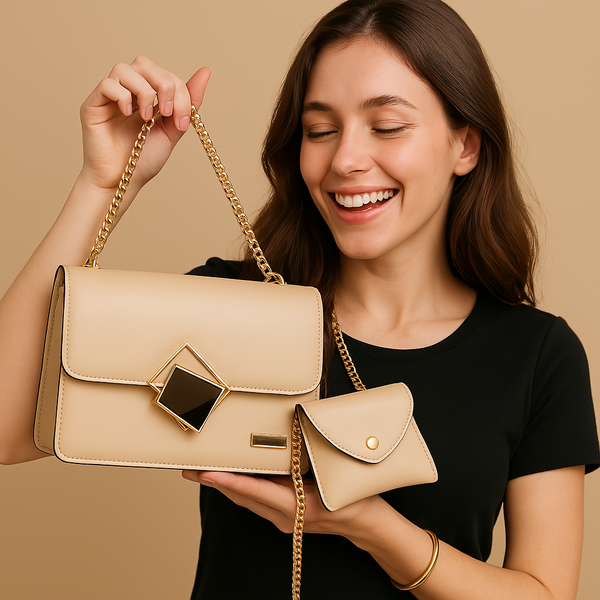 2 Pcs PU leather Hand bags With Long Golden Chain For Girls