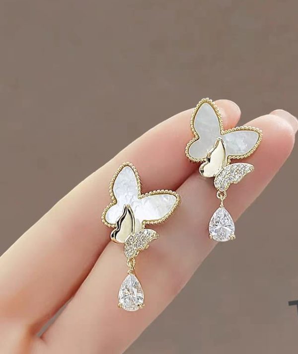 Elegant Double Butterfly Drop Earrings – Gold & White with Sparkling Teardrop Crystals